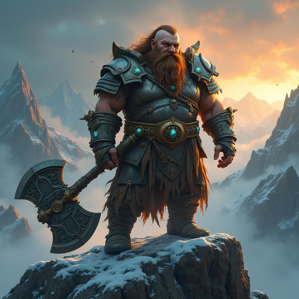 Dwarf Warrior on Mountain Peak in Fantasy Art Style