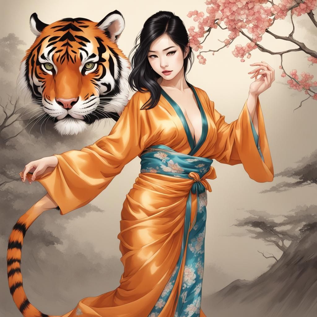 Tiger Transformation: Woman in Silk Robe