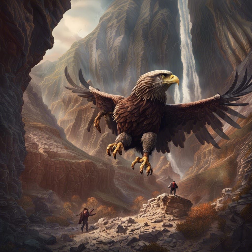 An enormous bold eagle flying above a canyon where he can see an 8 legged monster throwing rocks at him