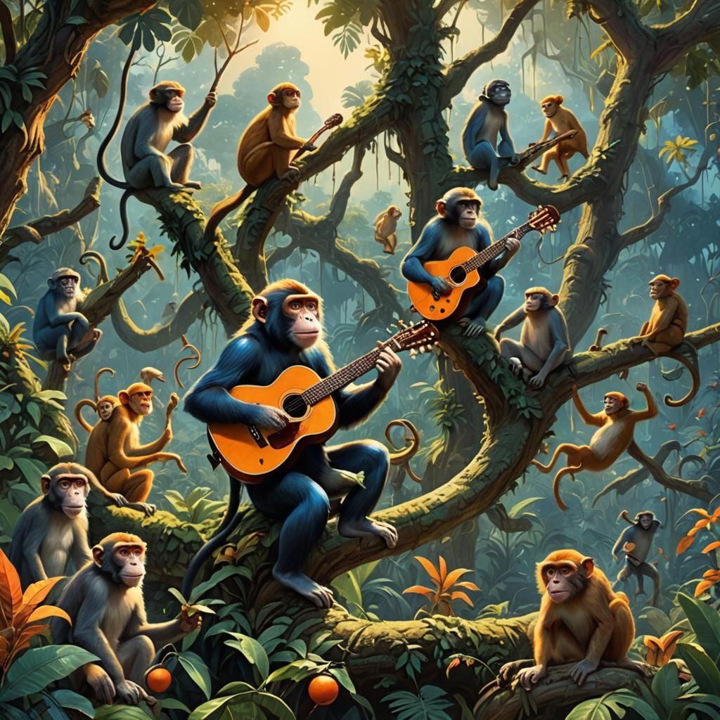 Monkeys' Tropical Forest Concert, Fantasy Illustration