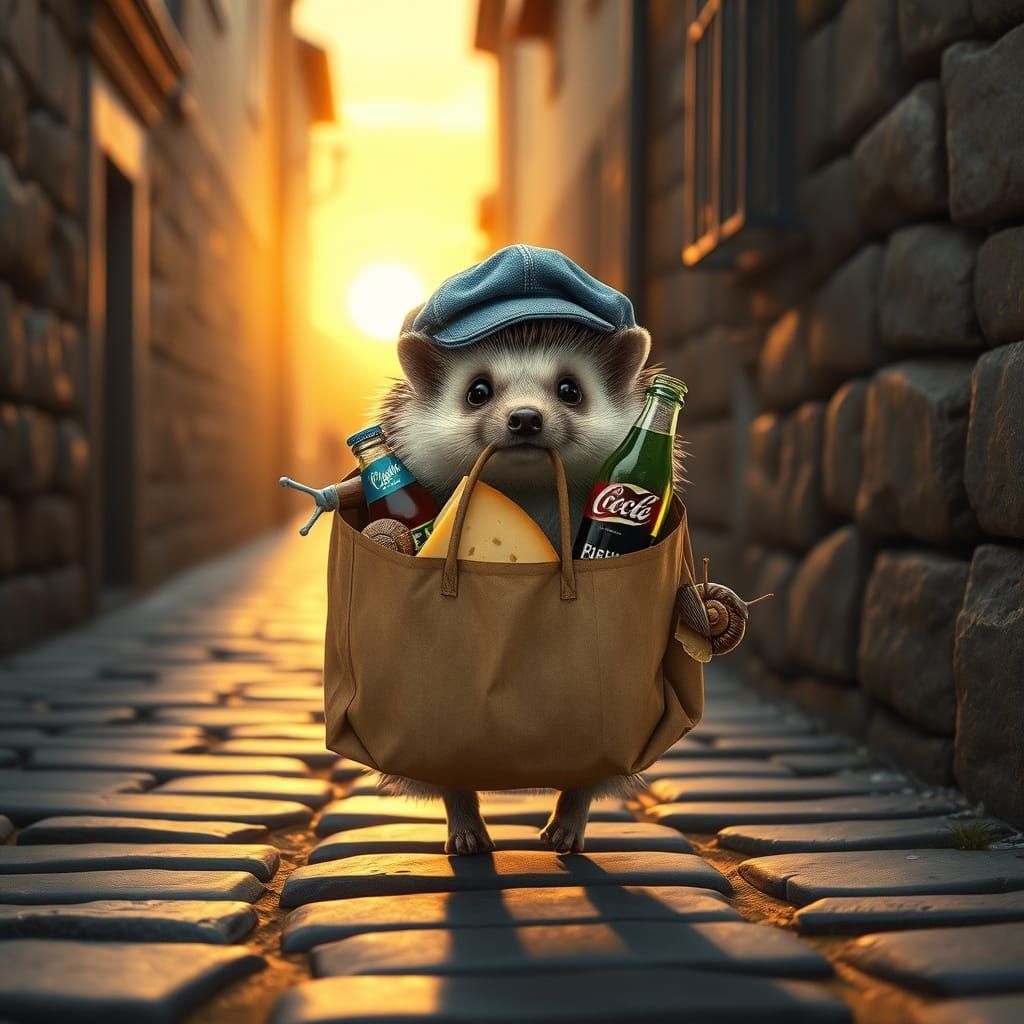 Whimsical Hedgehog Shopkeeper in Warm Sunset Light