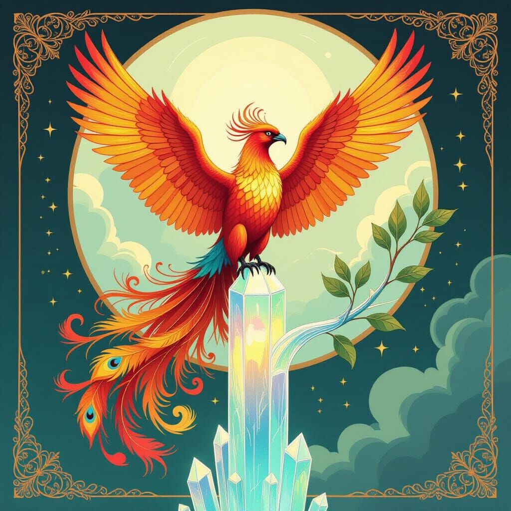 Vibrant Phoenix on Crystal Tree in Vintage Comic Style