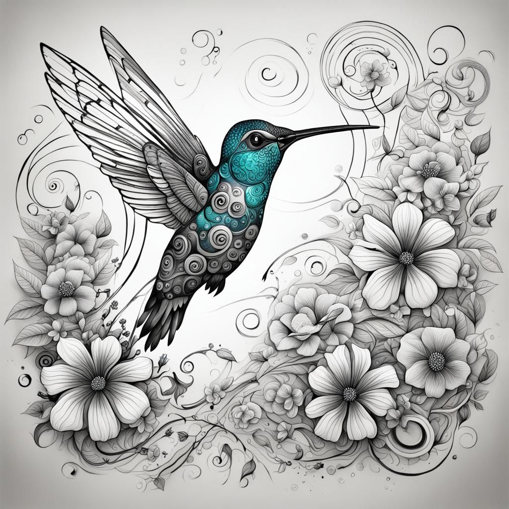Hummingbird Tattoo Design with Flowers in Fine Line Art
