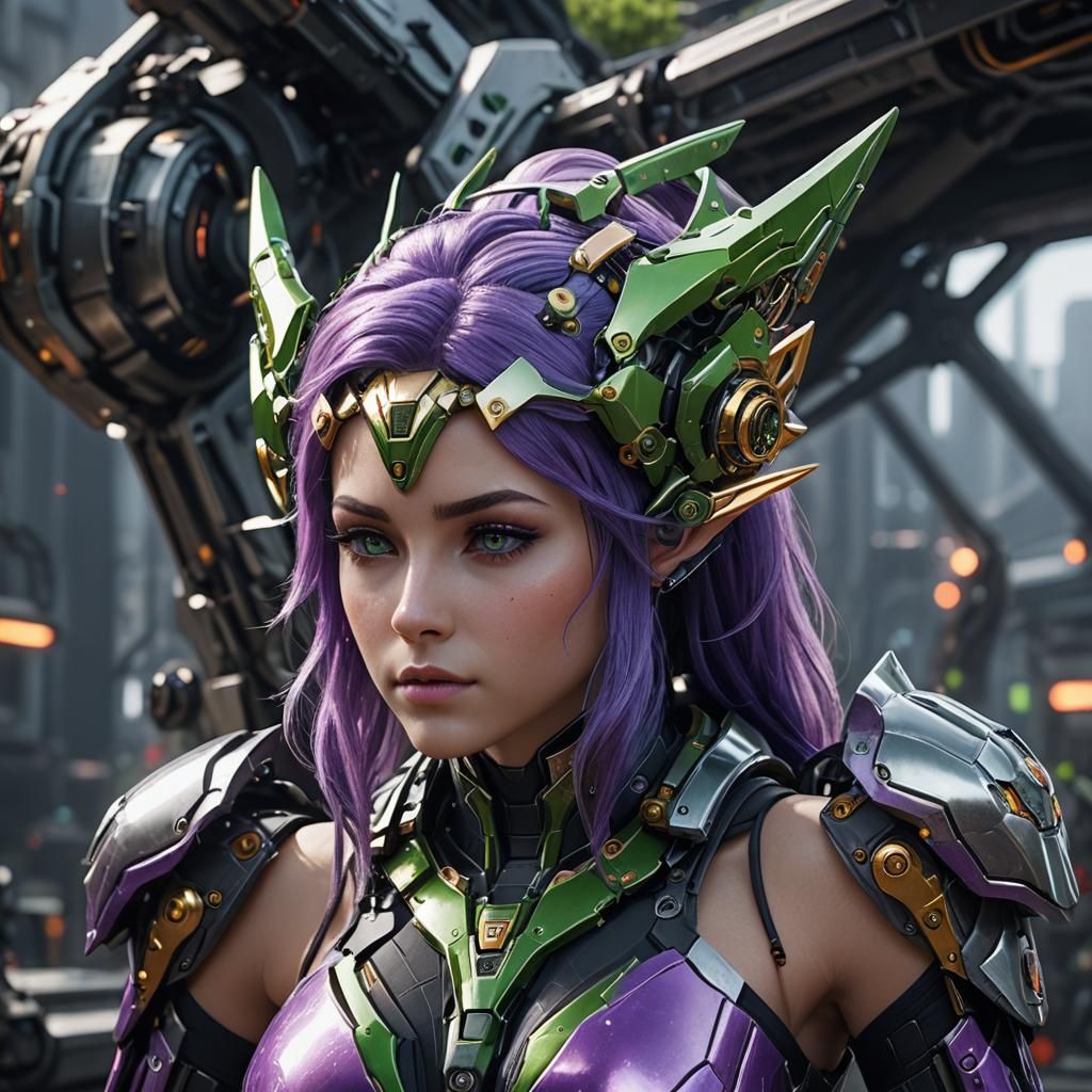 Futuristic Elf with Purple Hair and Mech Details
