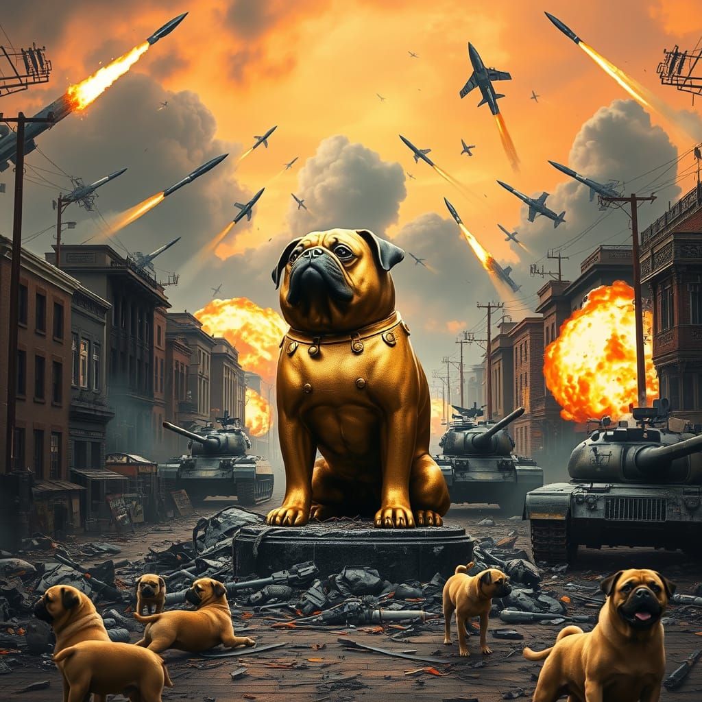 Golden Pug Statue Defies Chaos in War-Torn City