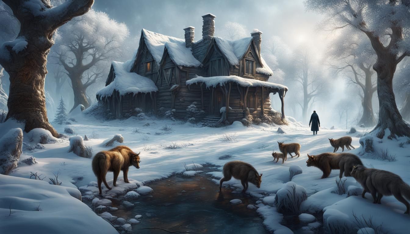 Winter Protector Surrounded by Animals in Icy Landscape