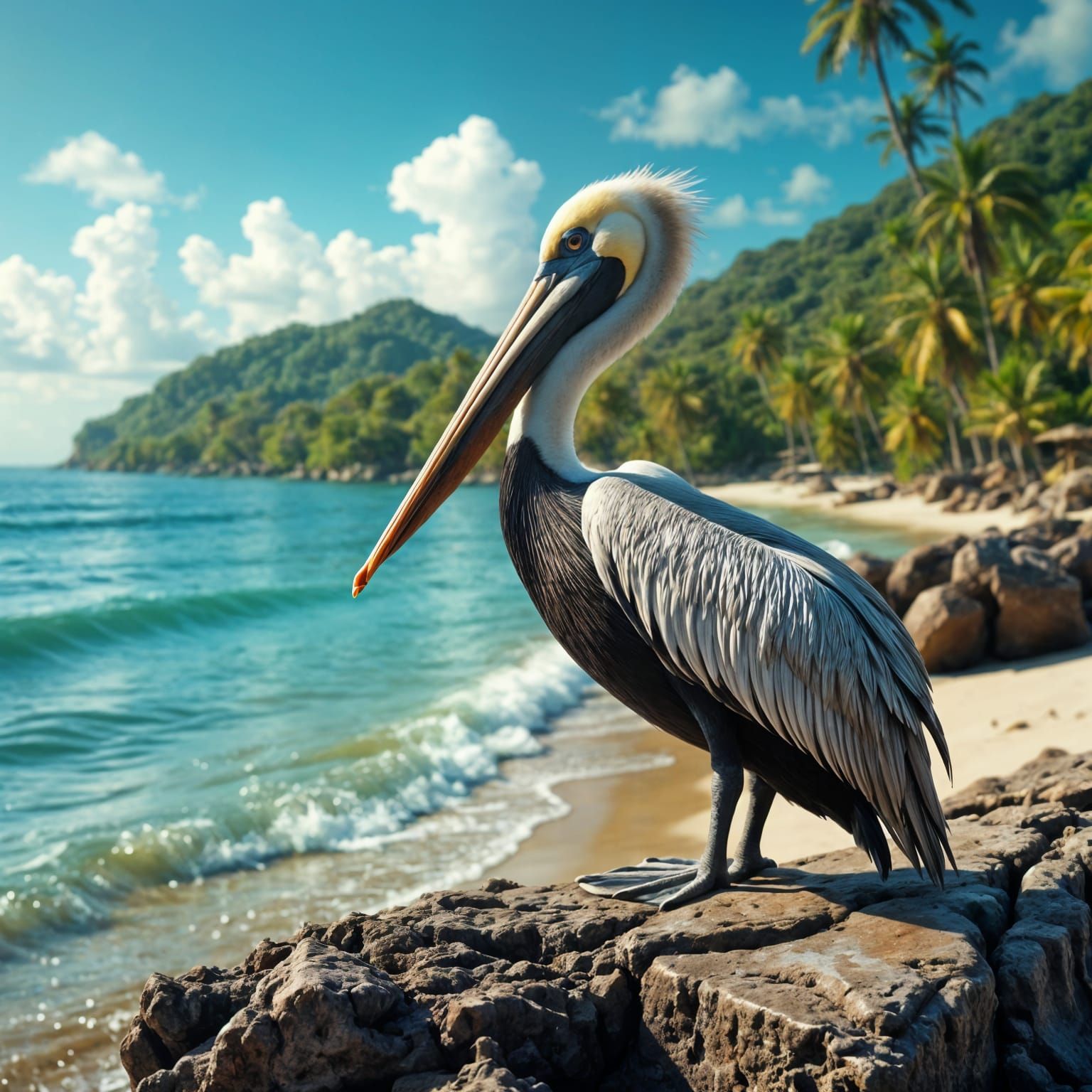Hyperrealistic Pelican Perched at Tropical Beach