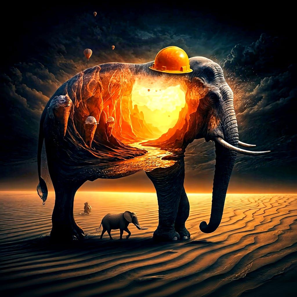 Giant Elephant Silhouette with Surreal Sand River and Ice Cr...