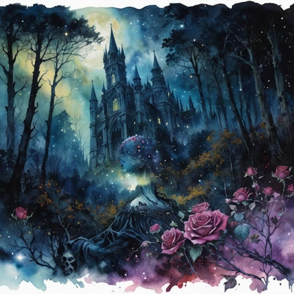 Gothic Girl with Roses and Skulls in Watercolor