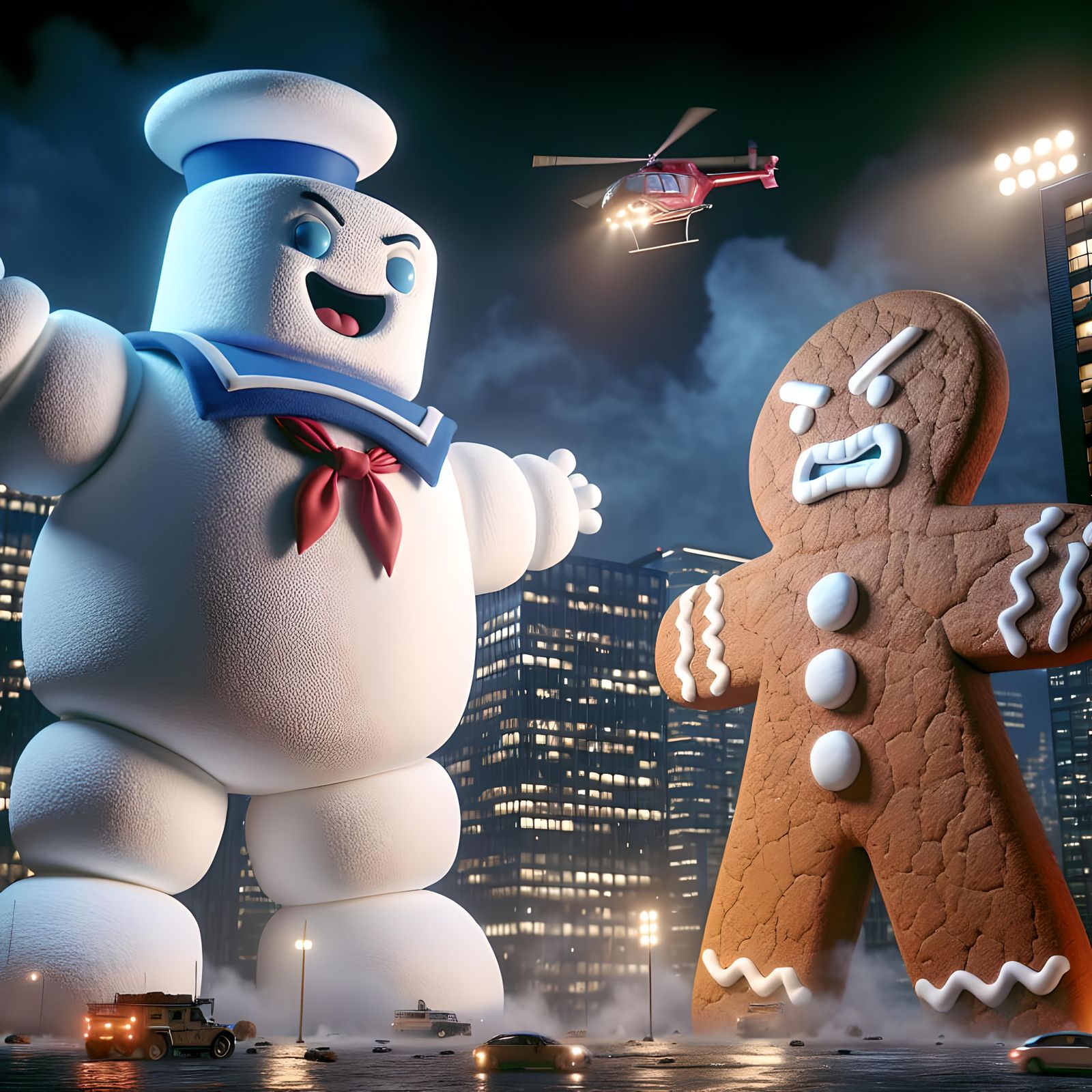 Marshmallow Giant Confronts Gingerbread Man in City