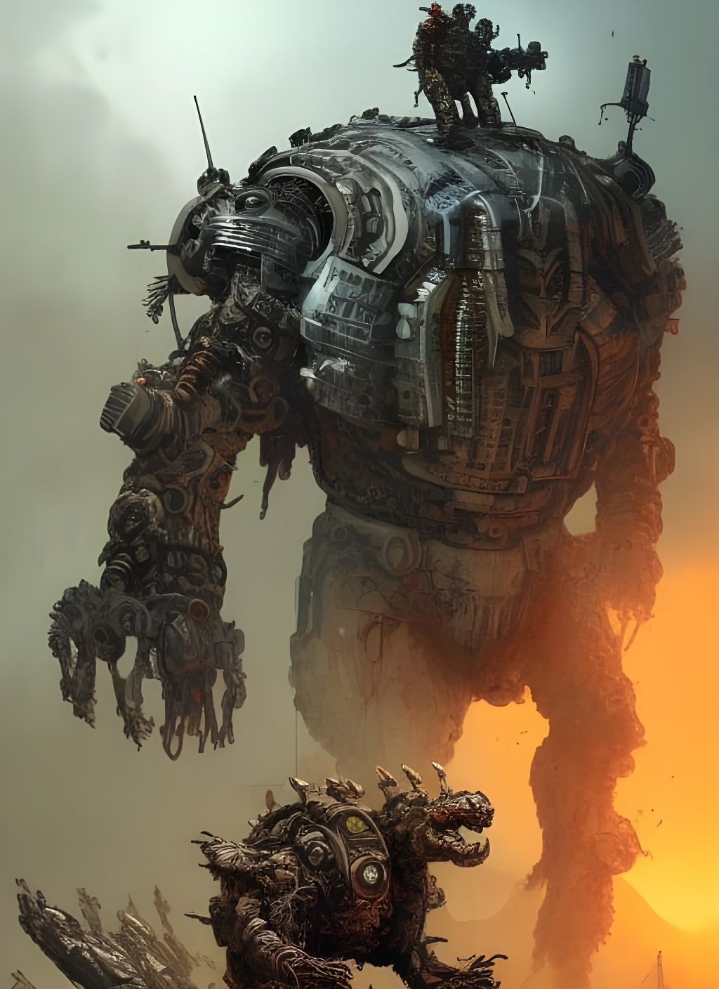 Cyborg Beast Charges Through Wasteland: Gritty Splash Art