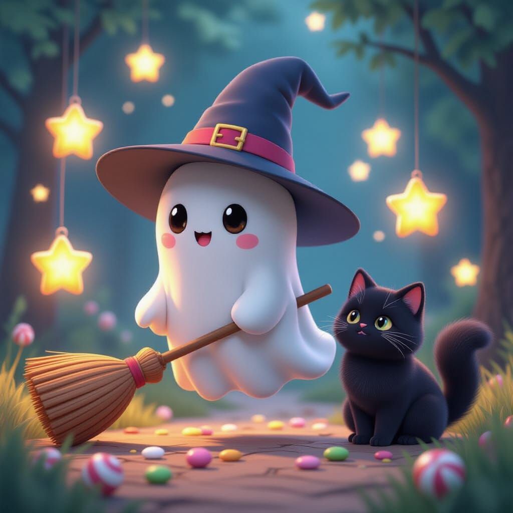 Cute 3D Ghost and Cat Duo in Anime Style