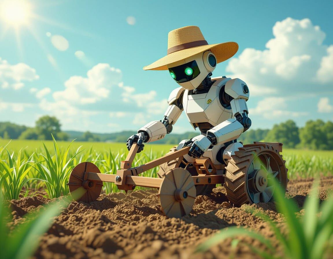 Robot Farmer Plowing Field: Rustic Meets Futuristic