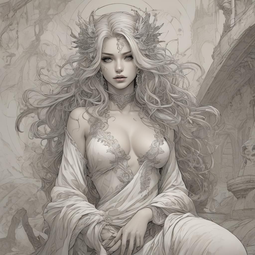 Alluring Sorceress in Digital Fantasy Line Art