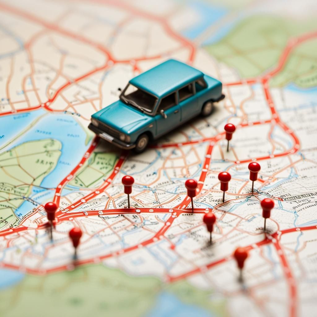 little car atop a detailed roadmap