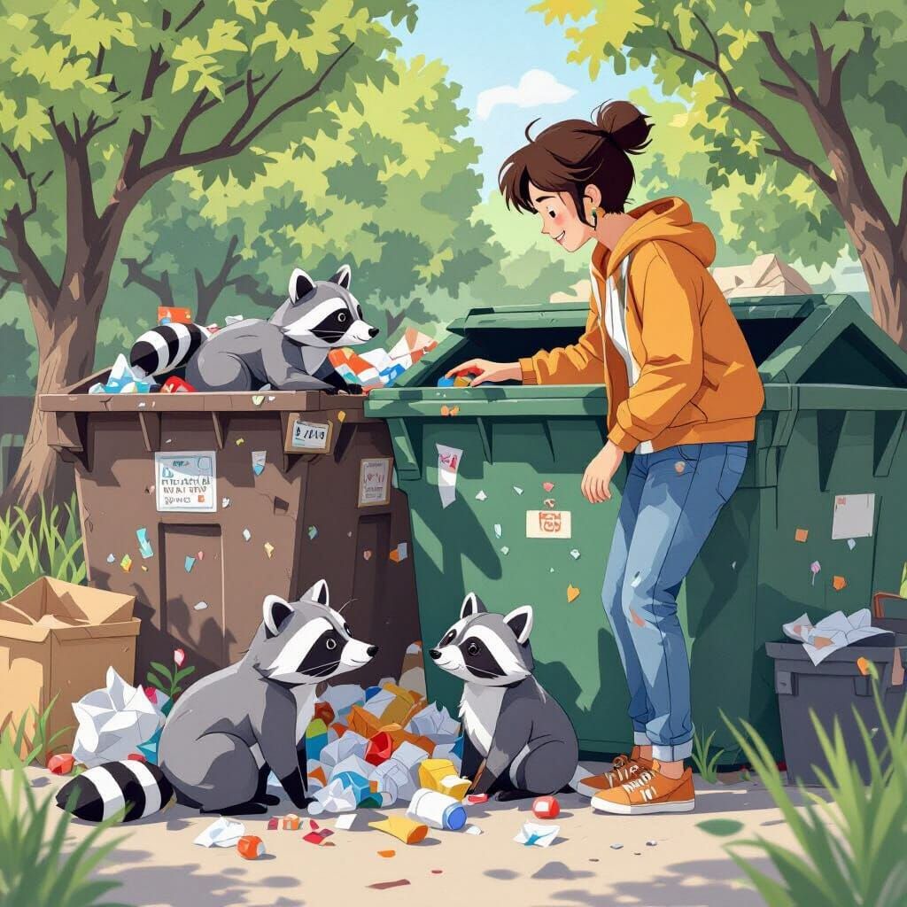 Person and Raccoons in Miyazaki-esque Papercraft Style