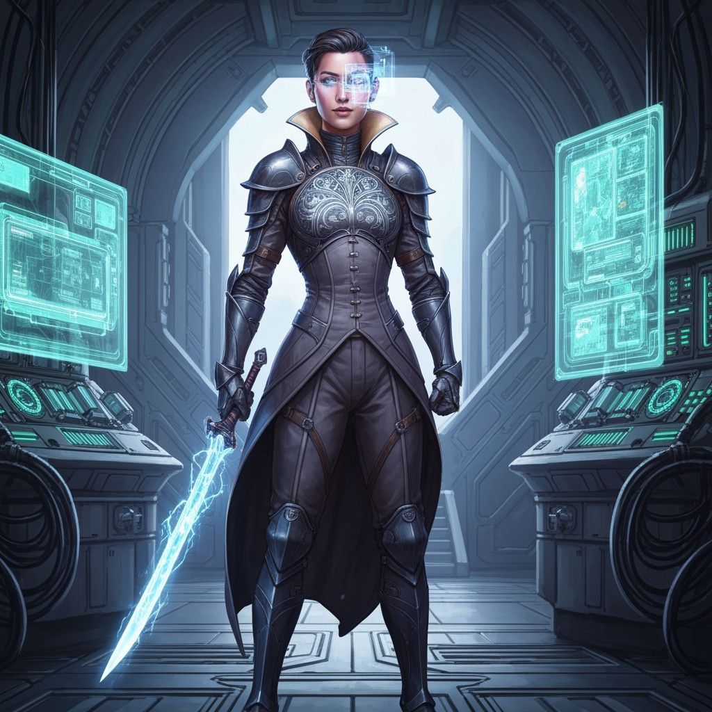 Futuristic Knight with Energy Blade in Art Nouveau Style