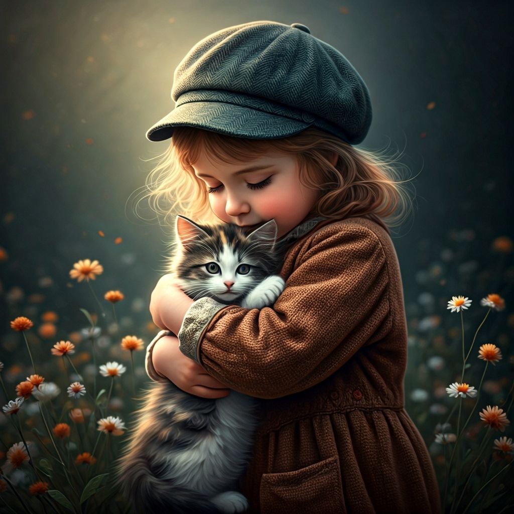 Girl Hugs Kitten Amidst Wildflowers, Whimsical Realism