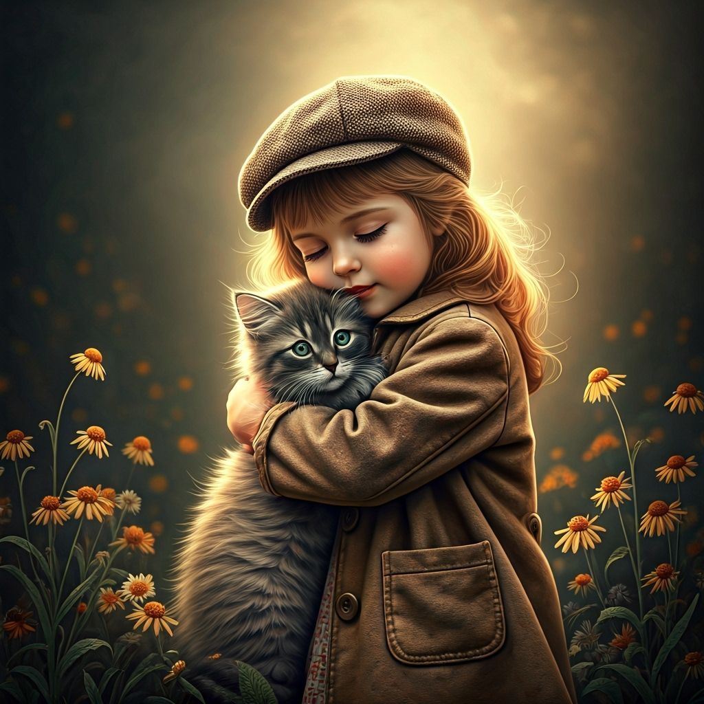 Girl Hugs Kitten Amidst Wildflowers in Misty Glow