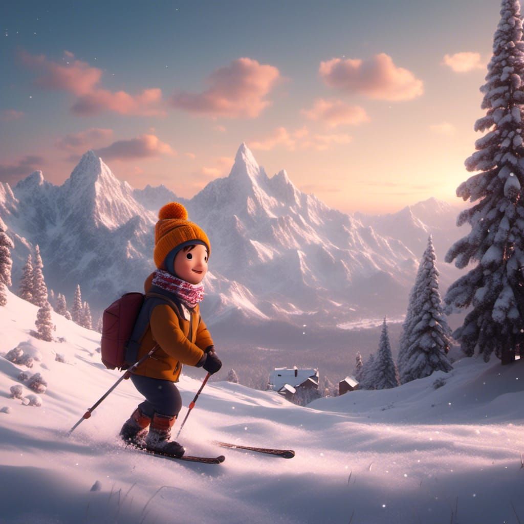 Happy Boy Skiing in Snowy Mountains