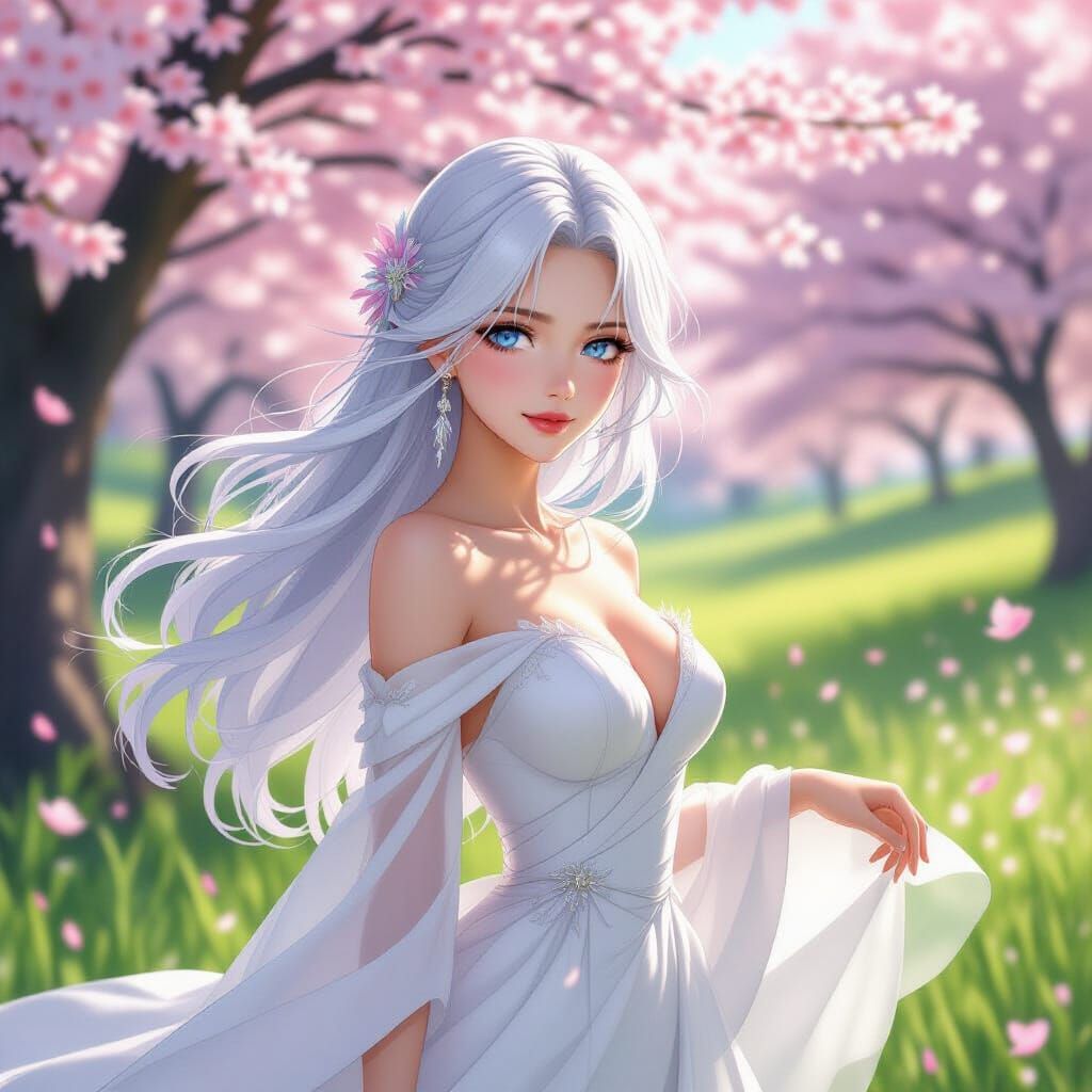 Anime Woman in Cherry Blossom Field