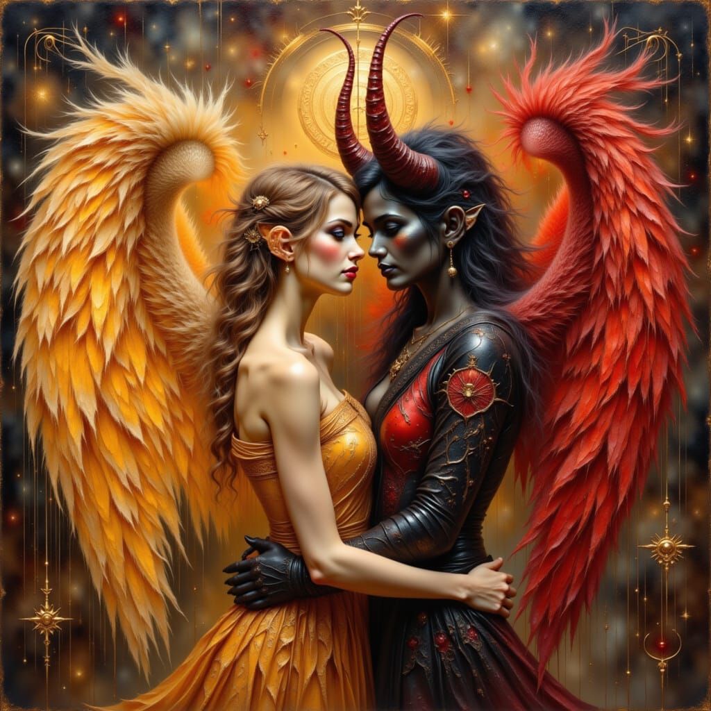 Angelic and Devilish Duo in Dramatic Oil Painting Style