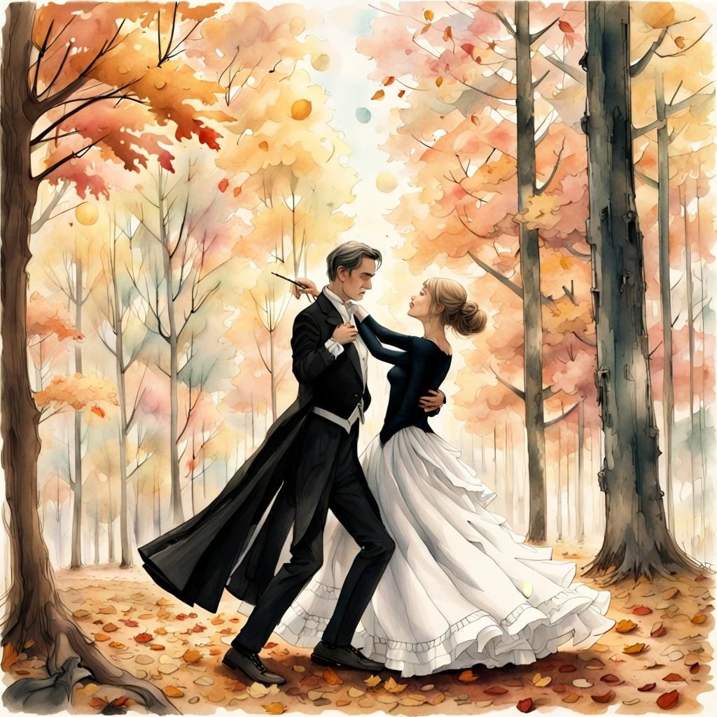 Couple Waltzing in Autumn Forest Clearing