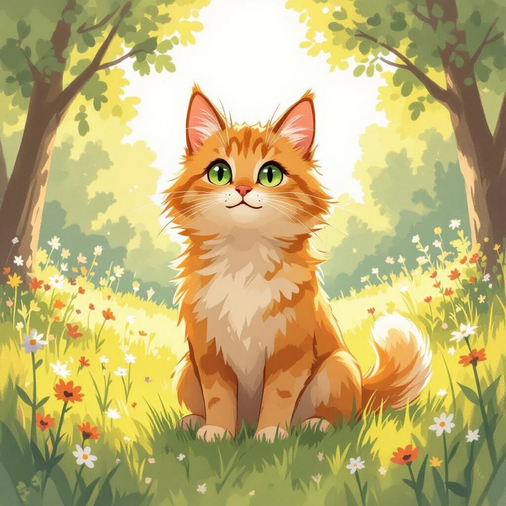 Whimsical Cat-Dog Hybrid in Sunlit Meadow