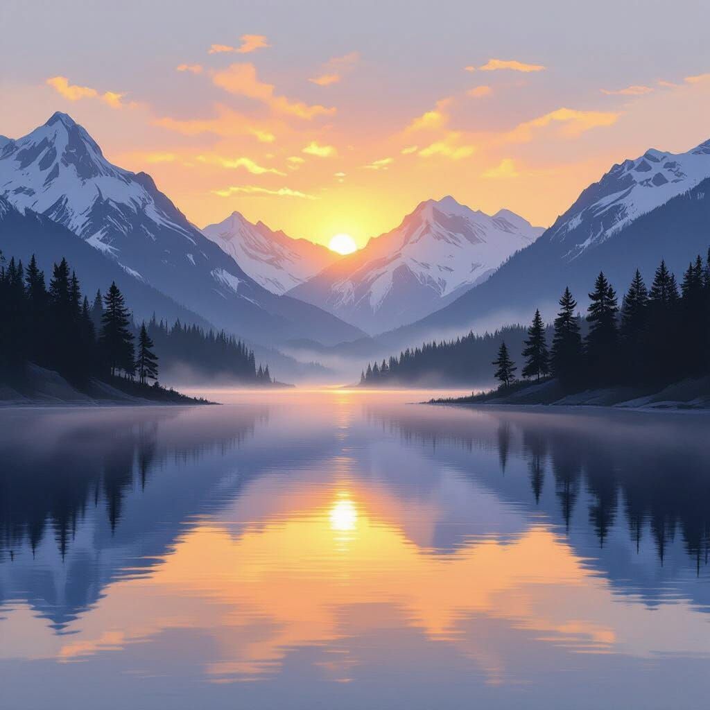 Mountain Lake at Dawn with Golden Sunrise