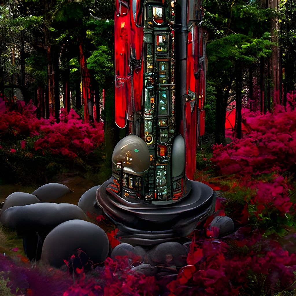 Mystical Monolith in Red Forest: Surreal Photoillustration
