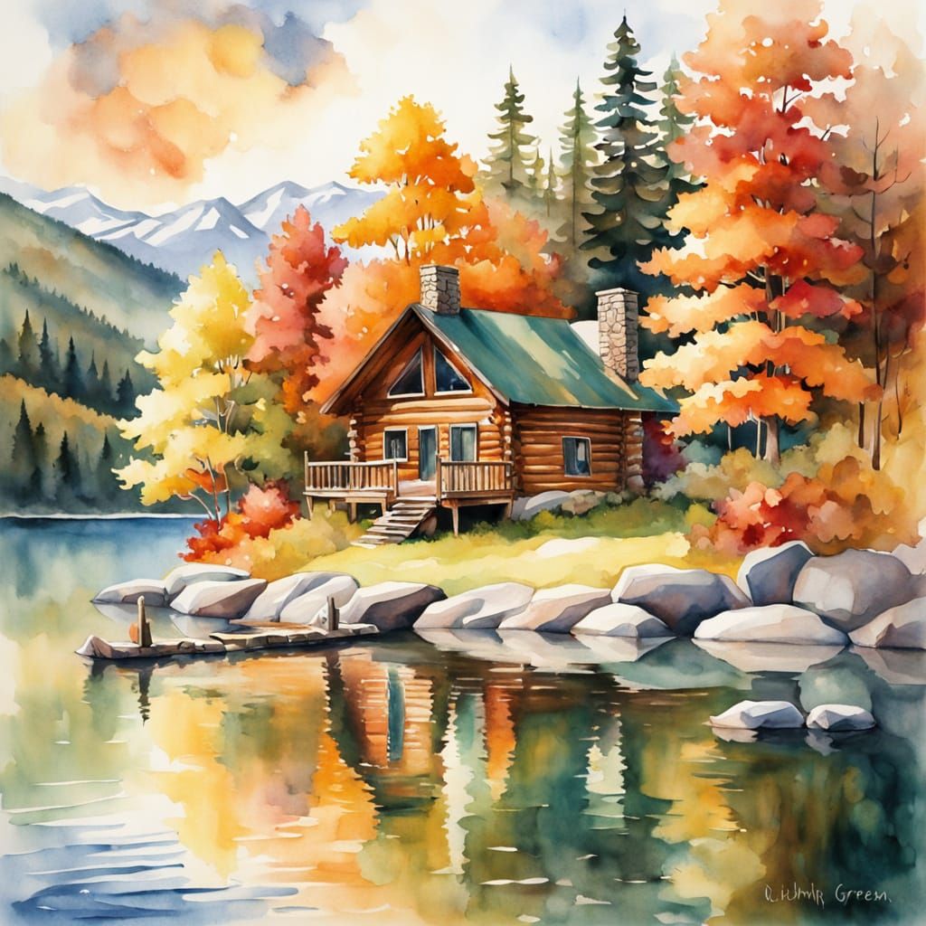Cozy Cabin by Lake in Autumn Watercolor
