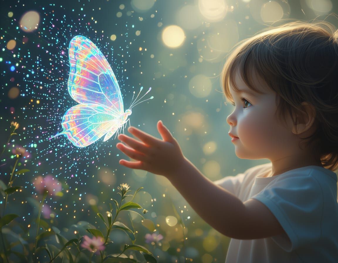 Child's Hand Reaches for Holographic Butterfly in Ethereal C...