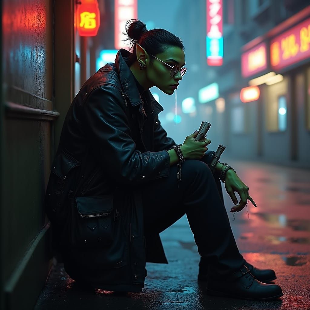 Cyberpunk Scholar in Neon City Alley