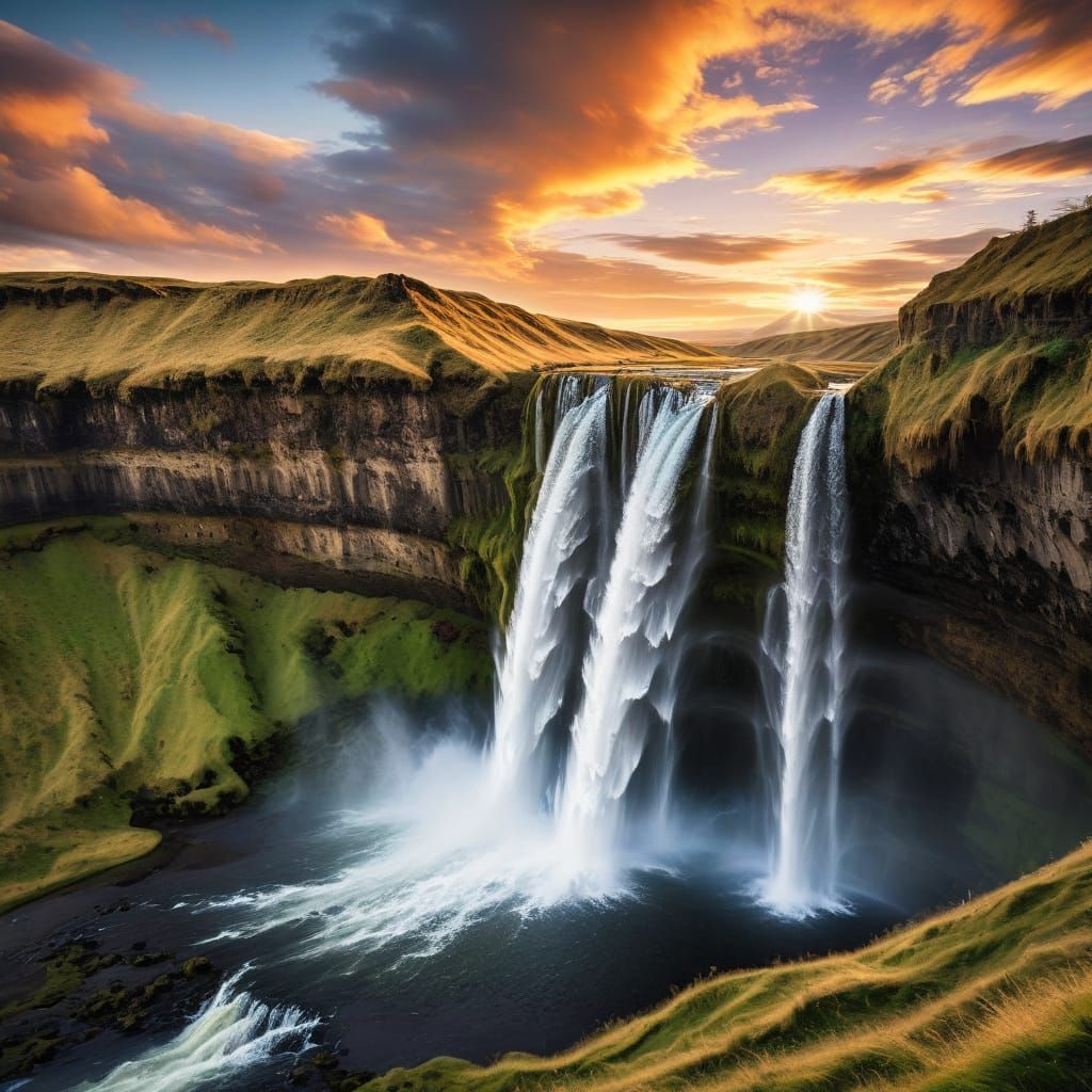 Epic Sunset Landscape of Seljalandsfoss Waterfalls