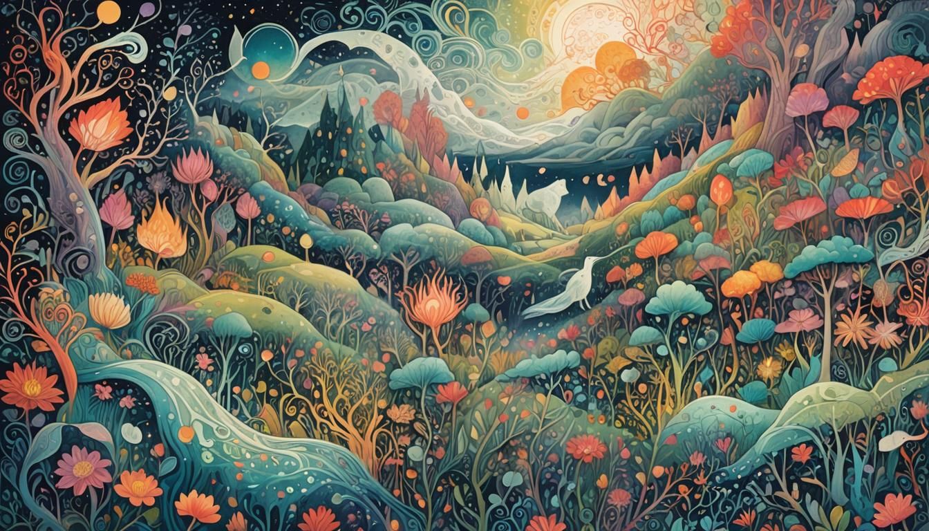 Surrealist Landscape of Mystical Doodles and Light