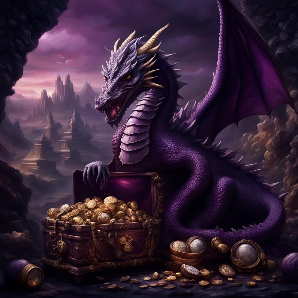 Dark Purple Dragon Guarding Treasure: Digital Matte Painting