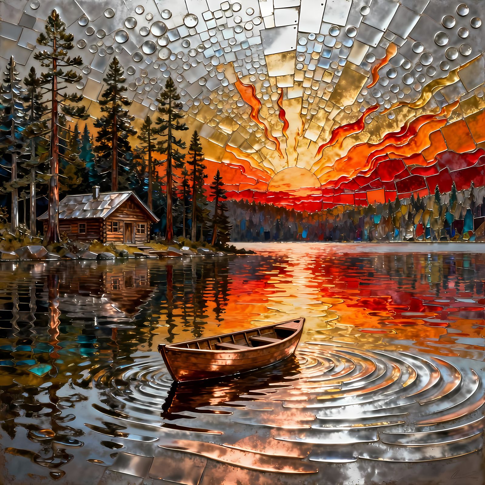 Embossed Metal Relief Forest Lake Sunrise Cabin Art