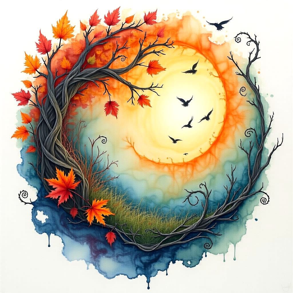 Autumnal Equinox in Suminagashi Watercolor Style