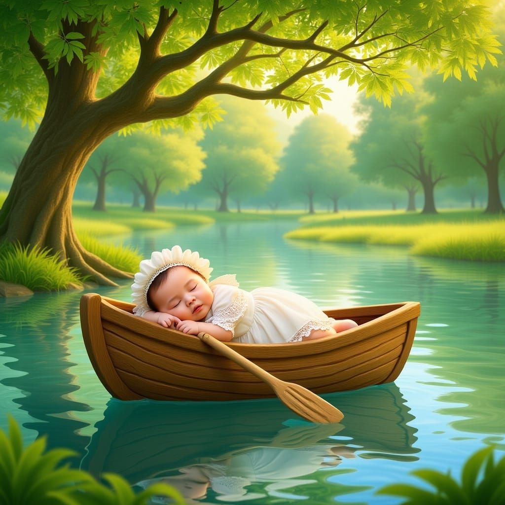 Newborn in Boat: Digital Painting in Pastel Hues