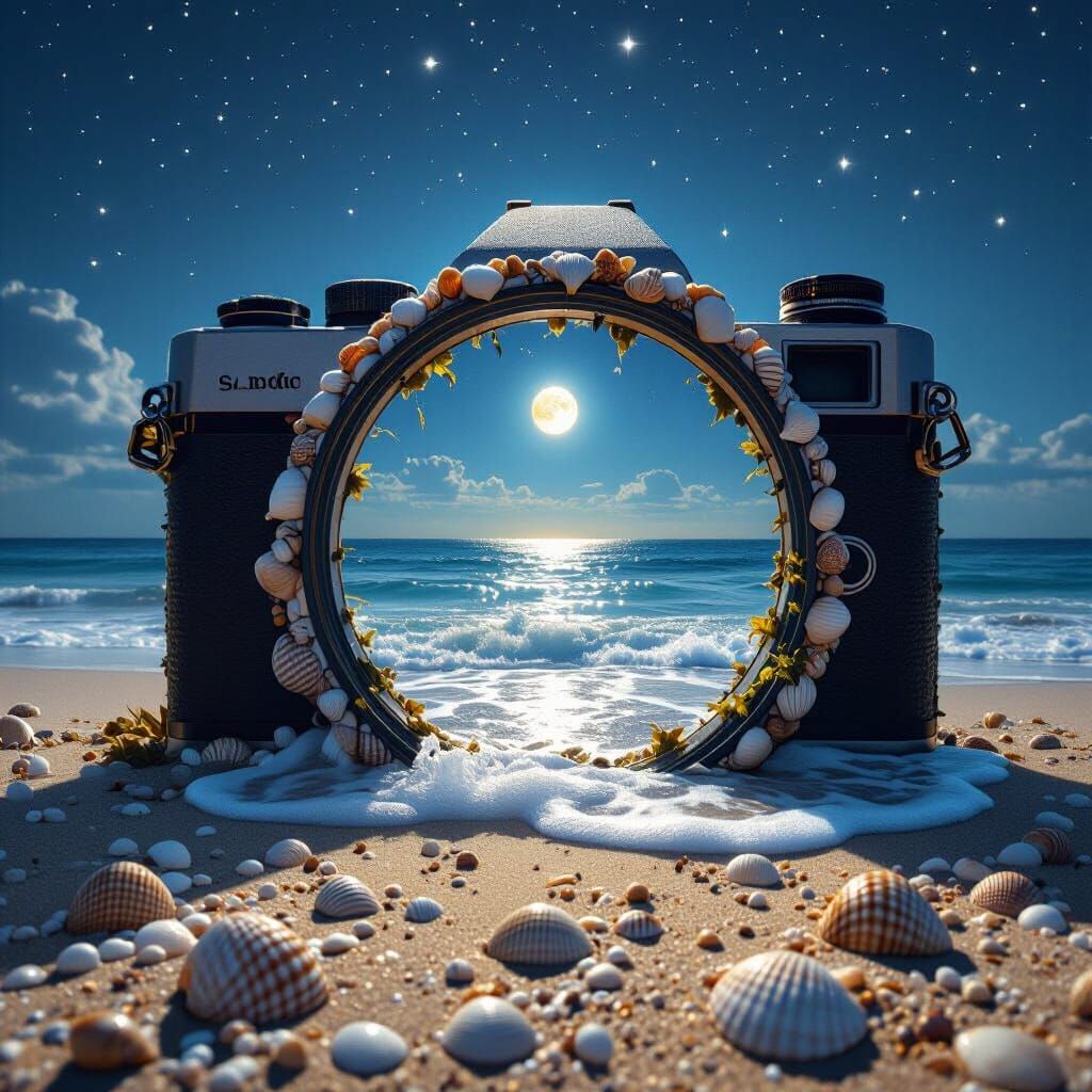 a crisp, clear, photorealistic night scene featuring a giant vintage camera partially embedded into the sandy beach. The...