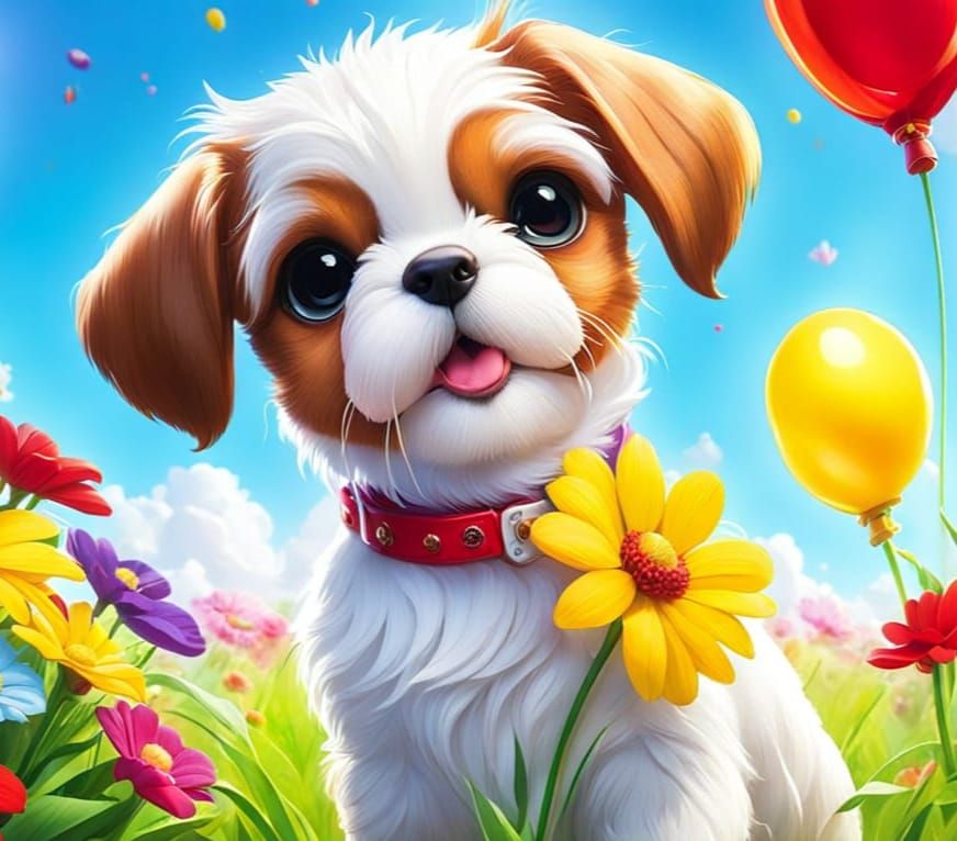 Cute Puppy Surrounded by Flowers and Balloons