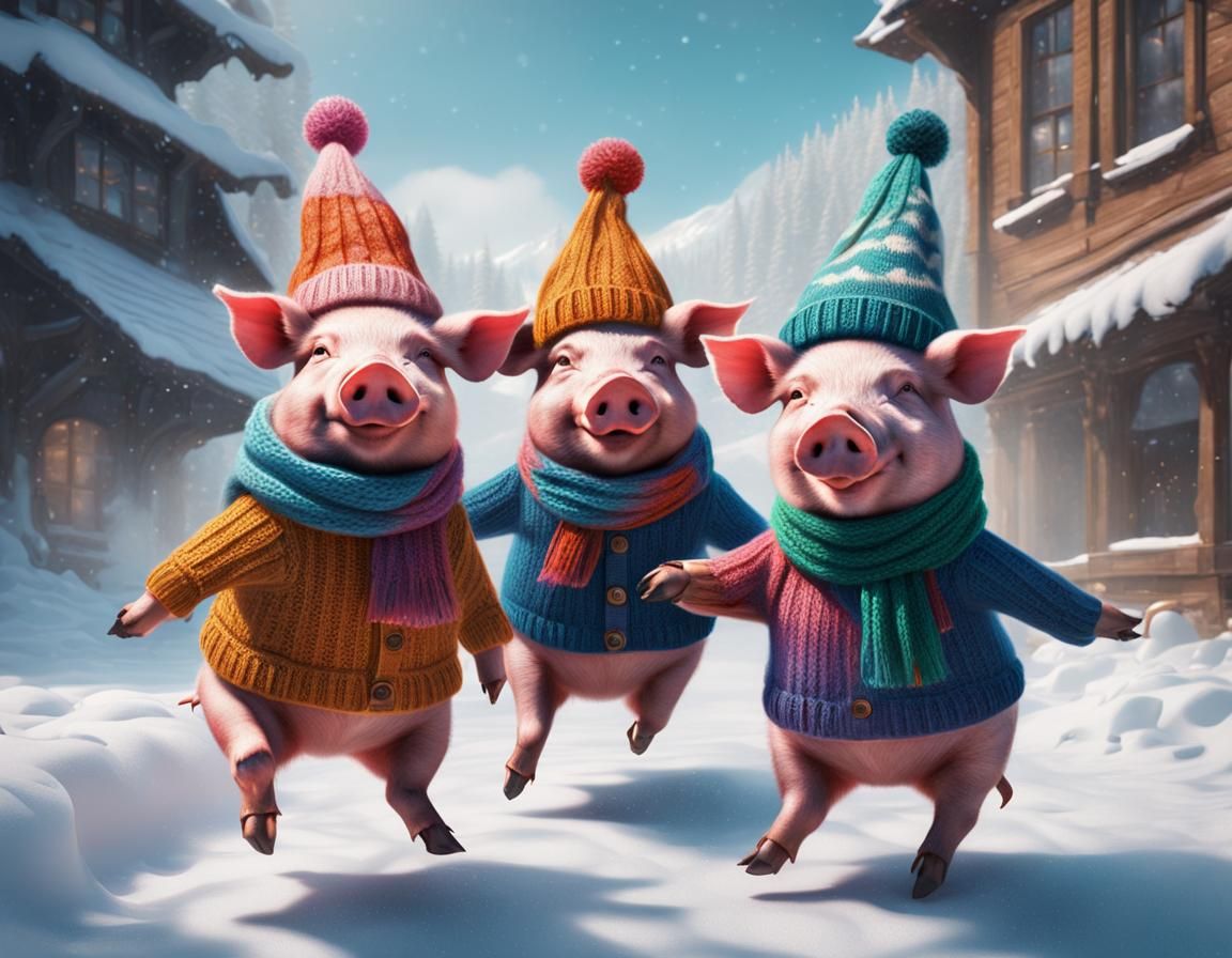 Pigs Dancing in Snow, 3D Rendered Fantasy