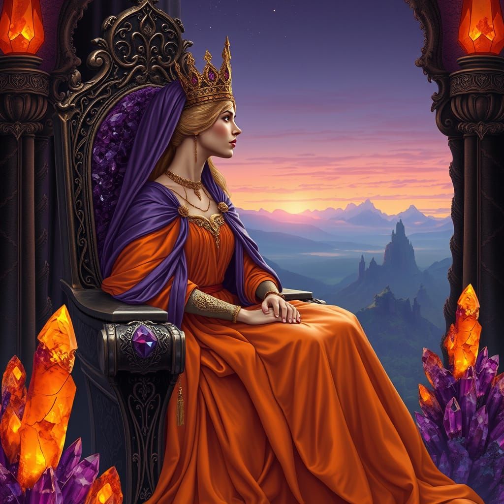 Ethereal Queen on Amethyst Throne in Dark Fantasy Art Nouvea...