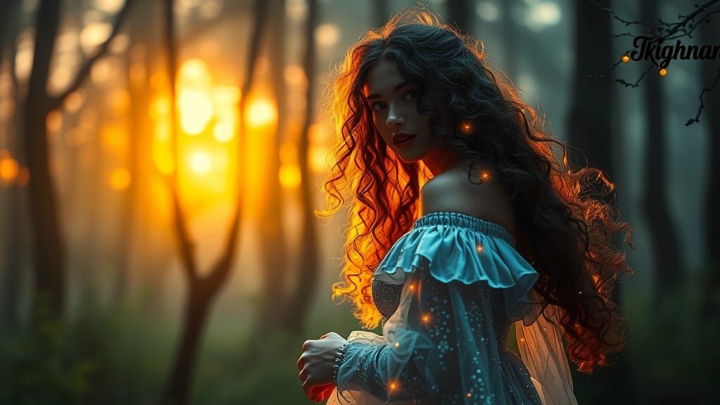 Mystical Sorceress in Enchanted Forest at Twilight