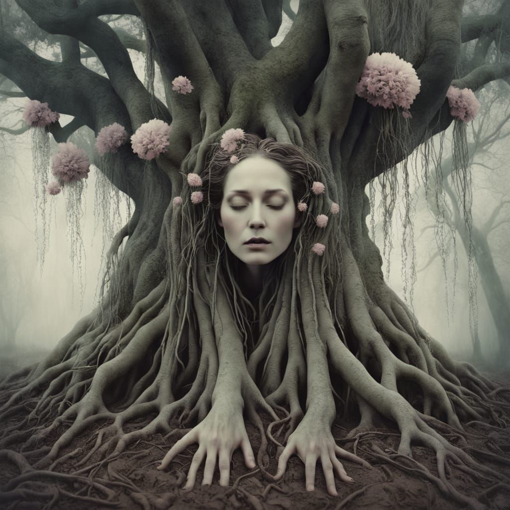 Surreal Tree Goddess Weeps in Muted Colors