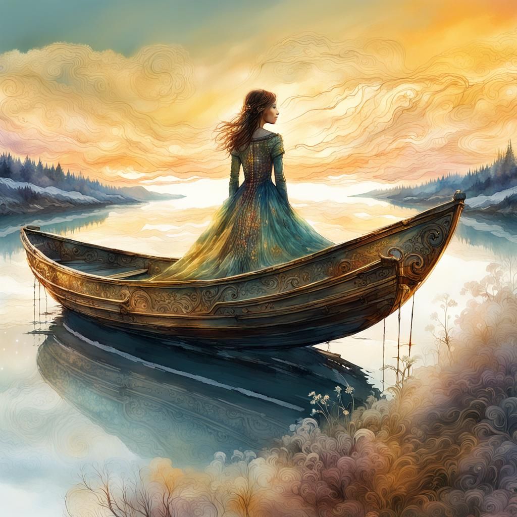 Fantasy Girl in Winter Dress at Sunset