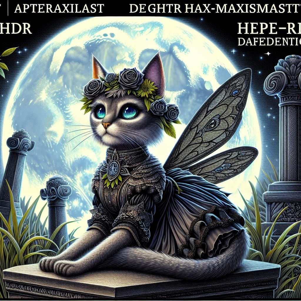 Gothic Fairy Cat on Tombstone Under Full Moon