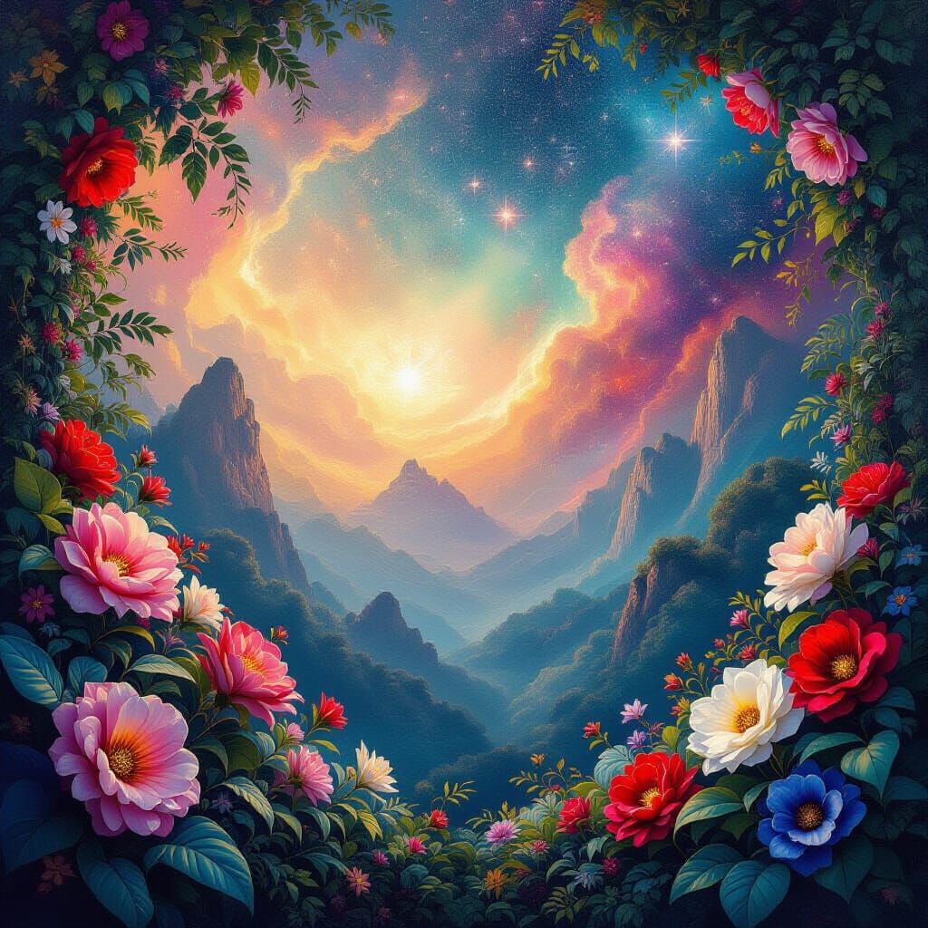 Ethereal Paradise of Flora and Celestial Swirls