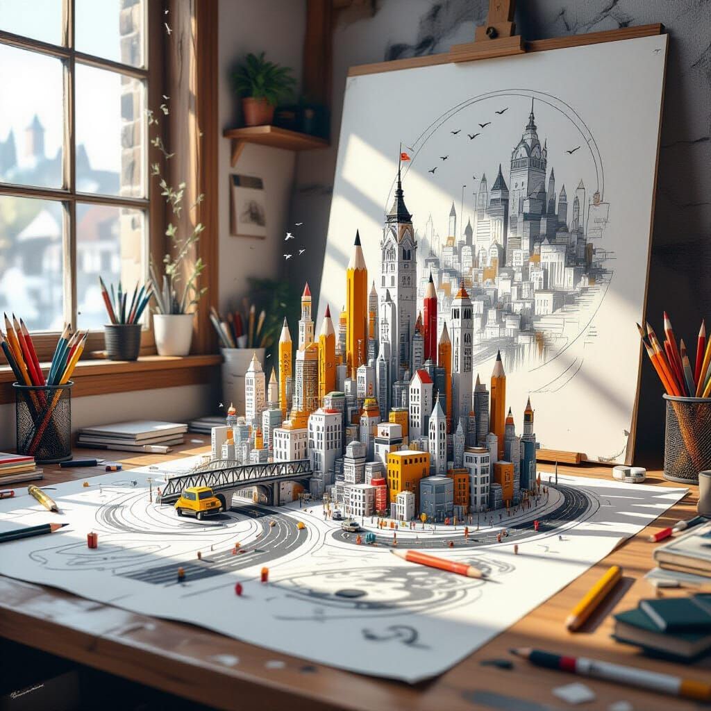 Pencil City Rises in Artist's Studio Digital Painting