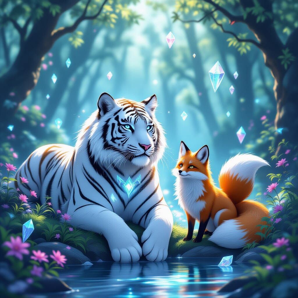 Enchanted Forest Guardian: White Tiger & Fox
